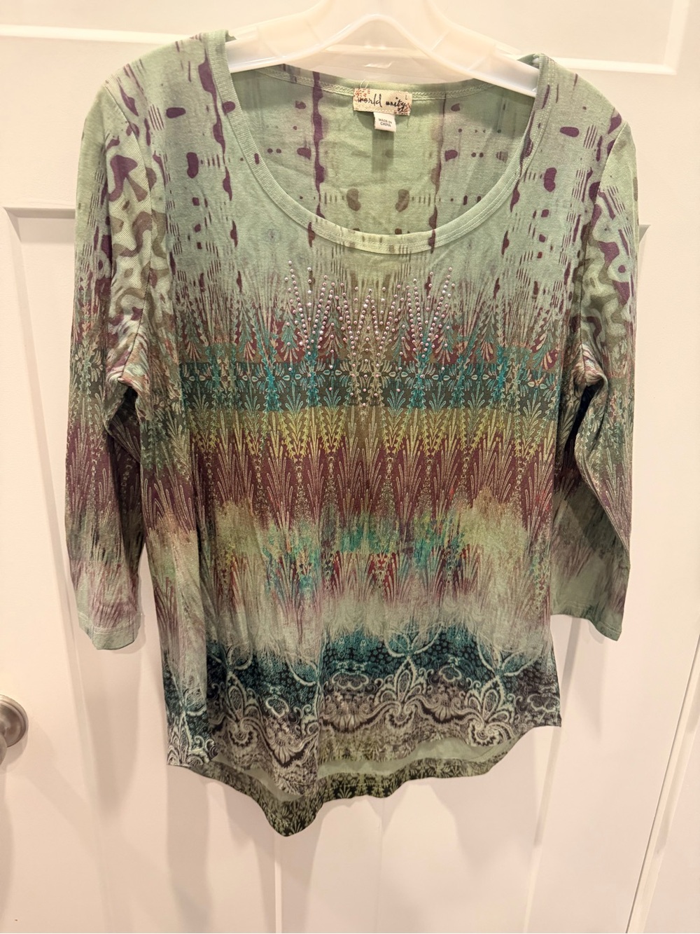 World Unity Sage Green Rhinestone Boho Print Tunic Top Large